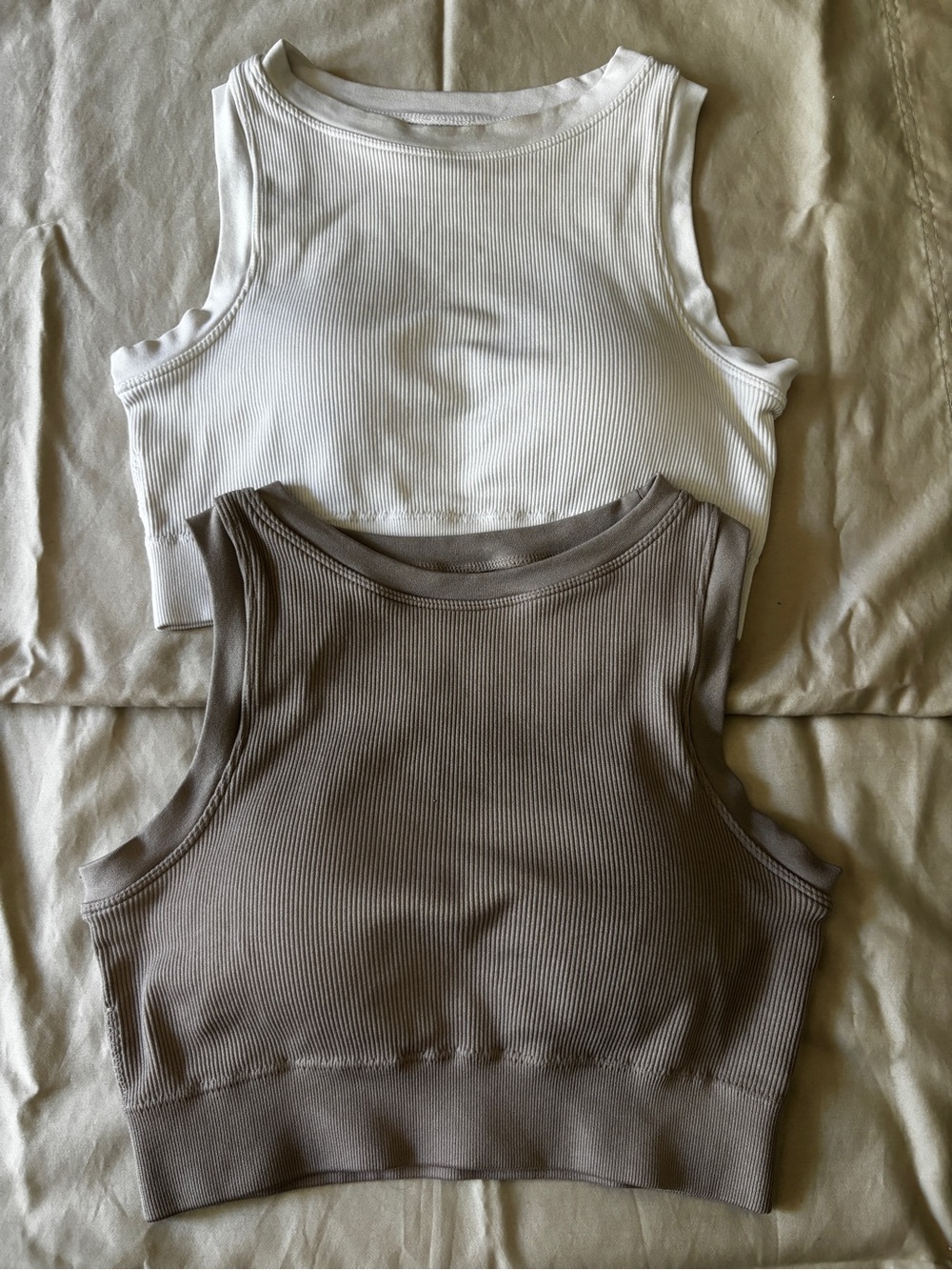 (2) Ribbed Cropped Tank Top - White & Taupe